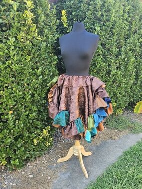 Handcrafted Brown Satin Ruffled Skirt with Colorful Trim
